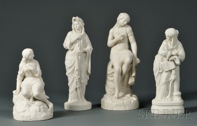 Four Female Parian Figures, England, mid to late 1: Four Female Parian Figures, England, mid to late 19th century, all unmarked: a vestal virgin with a lit offering, ht. 13; a seated semi-nude figure holding a small fish, ht. 13 1/2; a heavily robed fi