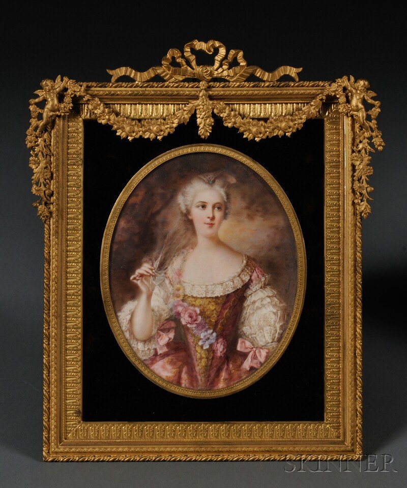 Framed Oval Portrait Miniature on Ivory, France, 1: Framed Oval Portrait Miniature on Ivory, France, 19th century, depicting Madame Sophie after the portrait by Jean-Marc Nattier, signed "Laurent," set in a velvet and gilt-bronze frame with a ribband c