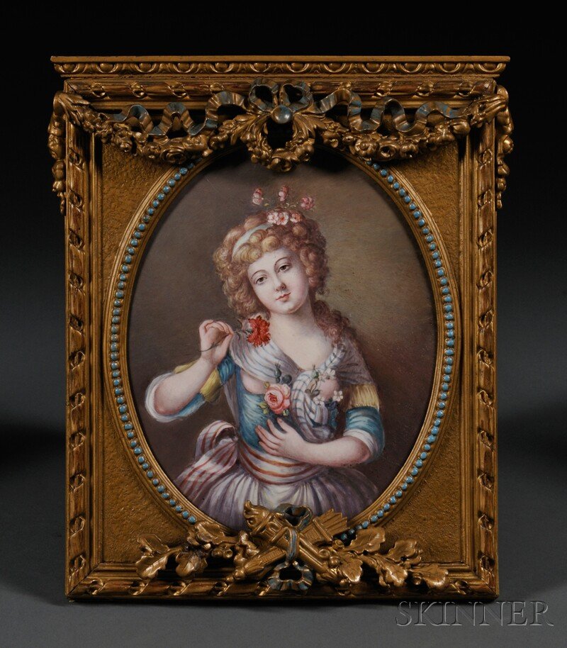 Framed Enamel on Copper Portrait of a Maiden, Fran: Framed Enamel on Copper Portrait of a Maiden, France, 19th century, oval format, the figure in brightly-colored peasant dress adorned with flower sprays, unsigned, in giltwood frame with turquoise acc