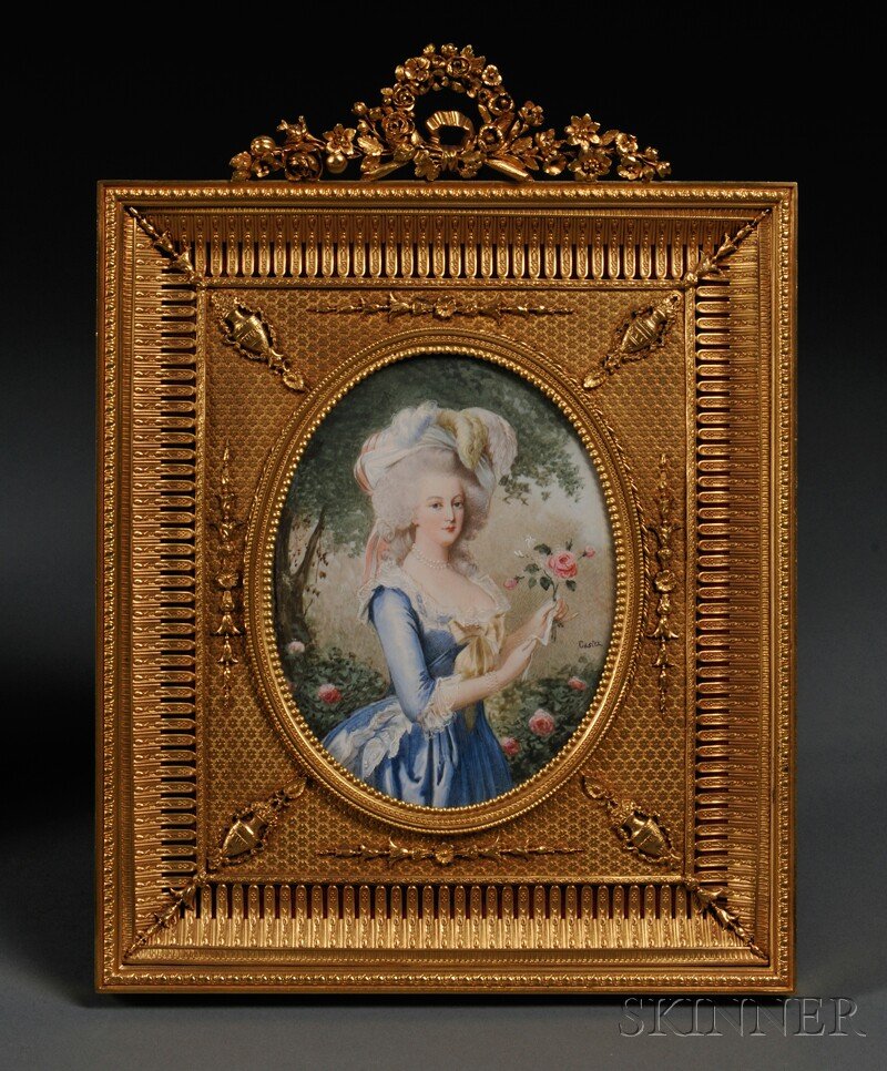 Framed Oval Portrait Miniature on Ivory, France, 1: Framed Oval Portrait Miniature on Ivory, France, 19th century, depicting Marie Antoinette after the portrait by Louise Elizabeth Vigee Le Brun, signed "Castex," in a gilt-bronze frame cast with a flor