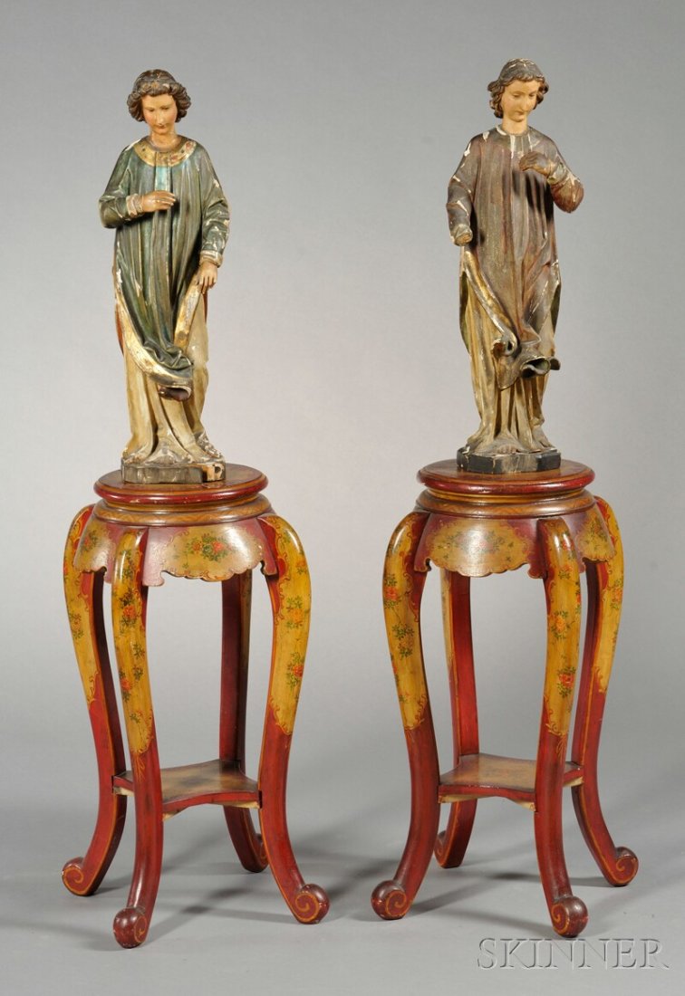 Pair of Italian Painted and Gesso Figures, carved: Pair of Italian Painted and Gesso Figures, carved as young men in ecclesiastical robes with gilt details on a wood base, ht. 24 1/2, together with two painted wood stands, ht. 27 1/4 in.