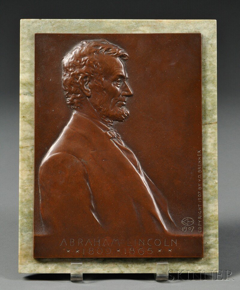 Y.D. Brenner (American, 1871-1924) Bronze Portrait: Y.D. Brenner (American, 1871-1924) Bronze Portrait Plaque of Abraham Lincoln, 1907, in profile, stamped with artist's name and monogram and dated "1907 COPYRIGHT 1907 BY Y.D. BRENNER," cast bronze mou