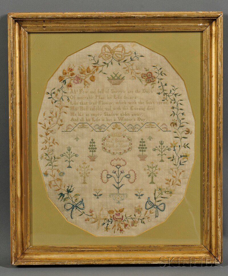 Framed Schoolgirl Sampler, England, c. 1803, with: Framed Schoolgirl Sampler, England, c. 1803, with a passage to the upper portion, signature to the middle: "Fra.s Beamont/Ages 10 Years/1802," and small decorative tree and flower motifs to bottom, al