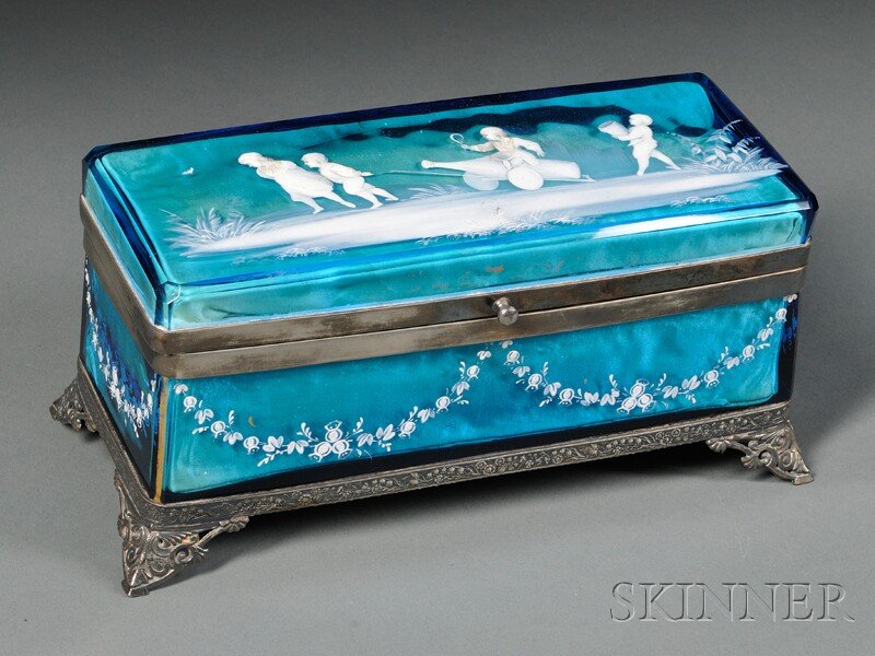 Mary Gregory Jewelry Casket, England, 19th century: Mary Gregory Jewelry Casket, England, 19th century, decorated with white painted scene of children playing to top of hinged lid and floral garlands to side, all on blue glass with white metal mounts t