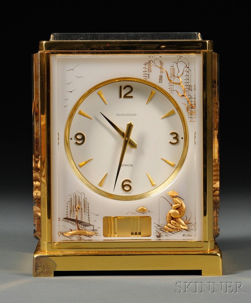 Jaeger Le Coultre Atmos Clock, Switzerland, mid-20: Jaeger Le Coultre Atmos Clock, Switzerland, mid-20th century, the chinoiserie-decorated brass and Plexiglas case signed "Marina" and enclosing a dial with Arabic numerals, ht. 9 in.