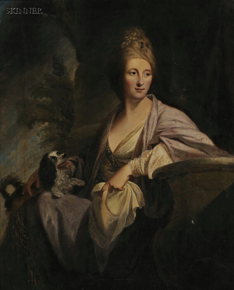 Manner of Francis Cotes (British, 1726-1770) Port: Manner of Francis Cotes (British, 1726-1770) Portrait of a Woman with an English Toy Spaniel Unsigned, dated "177..." l.r. Oil on canvas, 50 1/4 x 40 1/2 in. (127.7 x 102.9 cm), framed. Condition: Ret