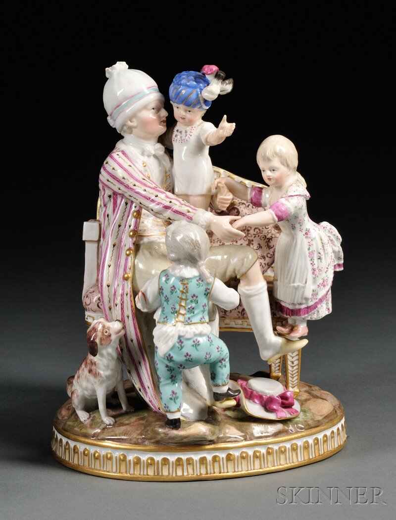 Meissen Figural Group The Good Father, Germany, 19: Meissen Figural Group The Good Father, Germany, 19th century, the father seated on a settee, his three children surrounding him, originally modeled by Schonheit in 1785, with gilt details and first qu
