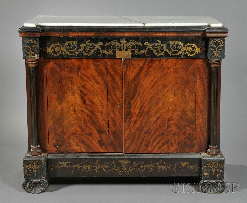 Marble-top Chest, white marble top atop an ebony v: Marble-top Chest, white marble top atop an ebony veneered frieze drawer of animals and foliate scrolls in brass inlay, middle section of book-matched veneer doors flanked by ebony veneered columns ope