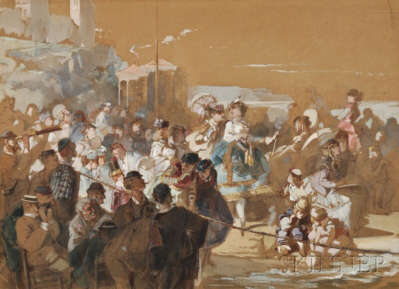 Continental School, 19th Century A Festive Promena: Continental School, 19th Century A Festive Promenade Unsigned. Gouache on tan paper, 14 1/2 x 20 in. (36.8 x 50.8 cm.), framed. Condition: Small tear within the composition in c.r. mended with tape on