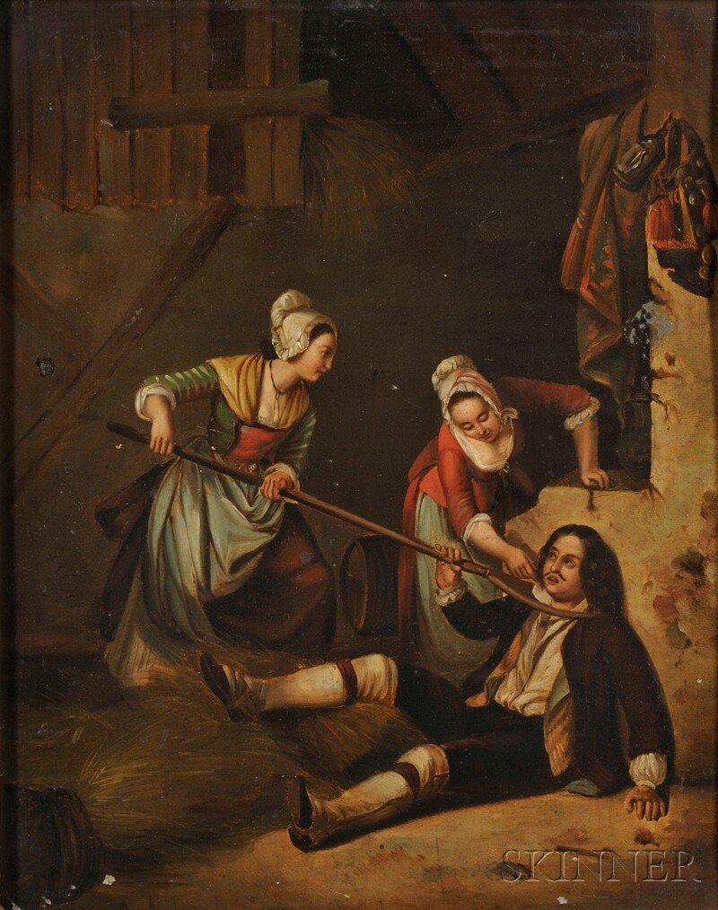 Continental School, 19th Century The Ladies' Reven: Continental School, 19th Century The Ladies' Revenge Unsigned, inscribed "Adolf Pennington Young 1825" in pencil on the reverse. Oil on tin, 10 x 8 3/8 in. (25.2 x 21.0 cm), framed. Condition: Scatter