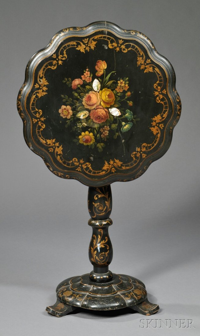 Victorian Black and Polychrome Painted Tilt-top Ta: Victorian Black and Polychrome Painted Tilt-top Table, 19th century, with floral painted decoration and mother-of-pearl inlay details to center of scalloped top with scrolling foliate gold-painted bor