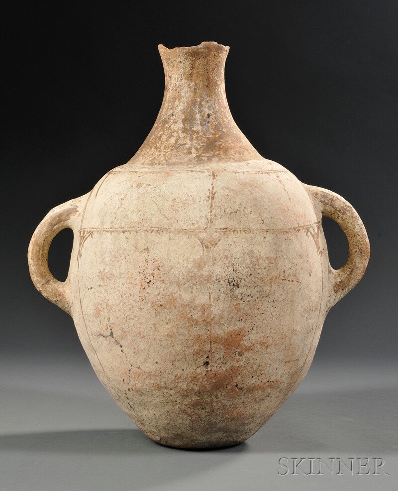 Antique Terra-cotta Vessel, with a large bulbous b: Antique Terra-cotta Vessel, with a large bulbous body, two handles on either side, and a narrow neck, painted white with traces of abstract decoration to body, approx. ht. 22, wd. 18 in.