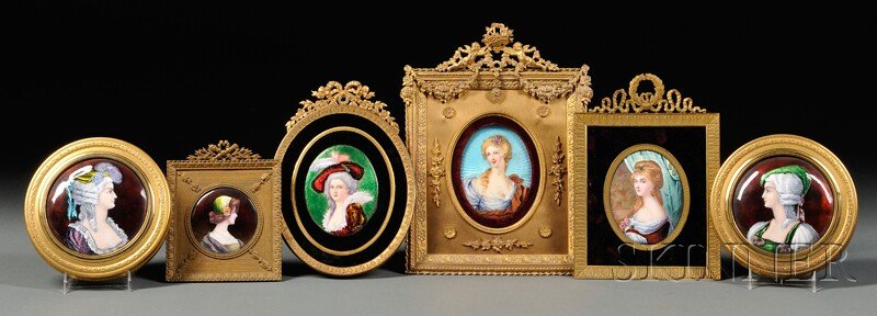 Six Framed Enamel on Copper Portrait Miniatures, F: Six Framed Enamel on Copper Portrait Miniatures, France, 19th century, each depicting a bust-length portrait of a woman, two oval format with guilloche backgrounds: one signed "St. Marc," the other in