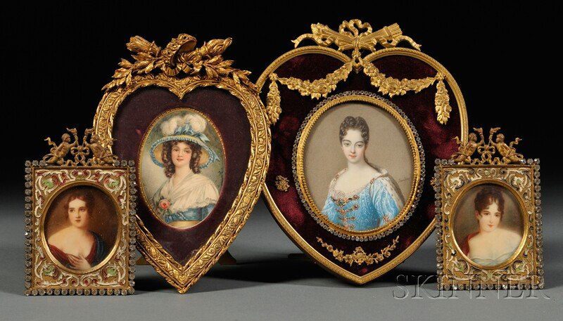 Four Framed Portrait Miniatures, a pair of oval po: Four Framed Portrait Miniatures, a pair of oval portraits on ivory depicting dark-haired women in classical robes and Empire ringlets, in enameled frames set with paste, ivory sight ht. 2 1/4; an oval