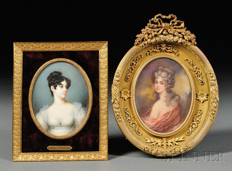 Two Framed Oval Portrait Miniatures on Ivory, one: Two Framed Oval Portrait Miniatures on Ivory, one depicting Comtesse Grosvenor after the portrait by Sir Thomas Lawrence, in a diaphanous white dress, illegibly signed, in velvet and gilt bronze frame