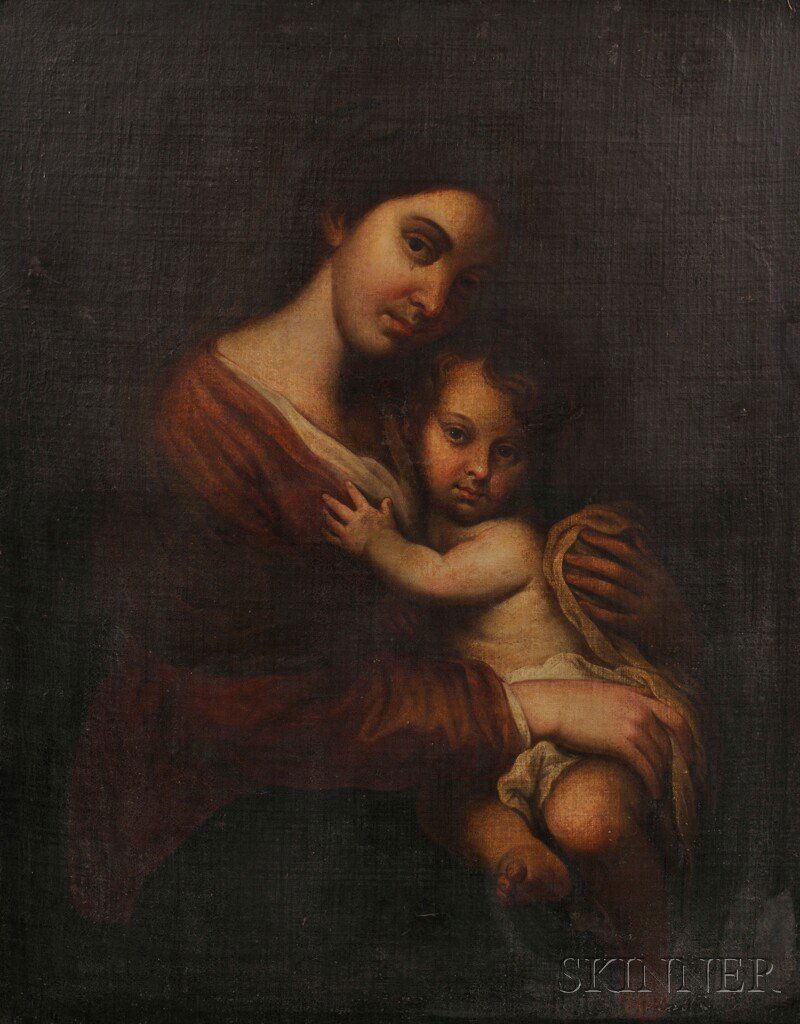 Spanish School, 19th Century Madonna and Child Uns: Spanish School, 19th Century Madonna and Child Unsigned. Oil on canvas, 38 3/8 x 30 1/4 in. (97.4 x 76.8 cm), framed. Condition: Canvas trimmed and lined, retouch, small puncture to l.c. edge beneath