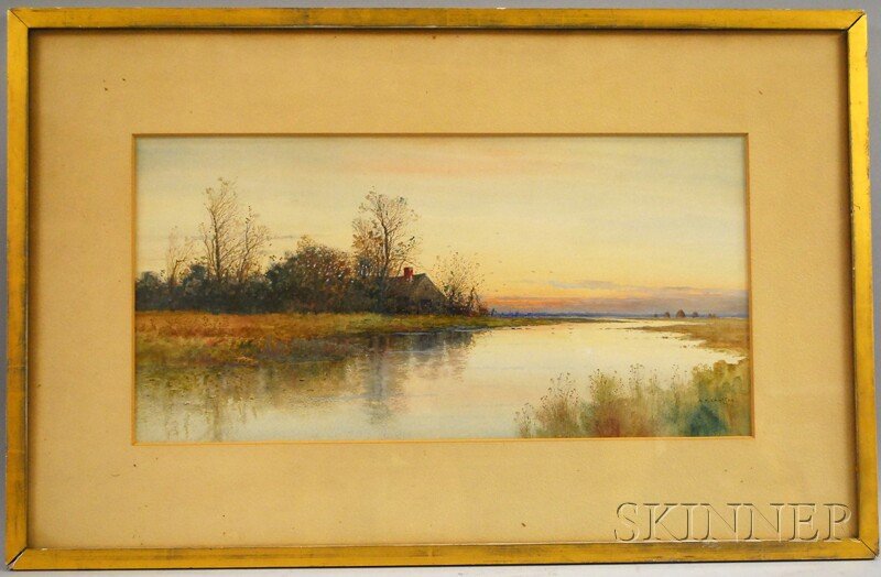 Samuel R. Chaffee (American, b. 1850) Marsh Cottage: Samuel R. Chaffee (American, b. 1850) Marsh Cottage at Sunset. Signed "S.R. Chaffee" l.r. Watercolor on paper, sight size 11 1/2 x 23 1/2 in., framed. Condition: Not examined out of frame.
