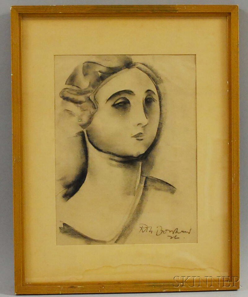 Franco/American School, 20th Century Portrait of a: Franco/American School, 20th Century Portrait of a Female Head. Signed and dated "Rth Bonh...26" l.r. Conte crayon on paper, sight size 12 3/4 x 9 1/2 in., framed. Condition: Foxing.
