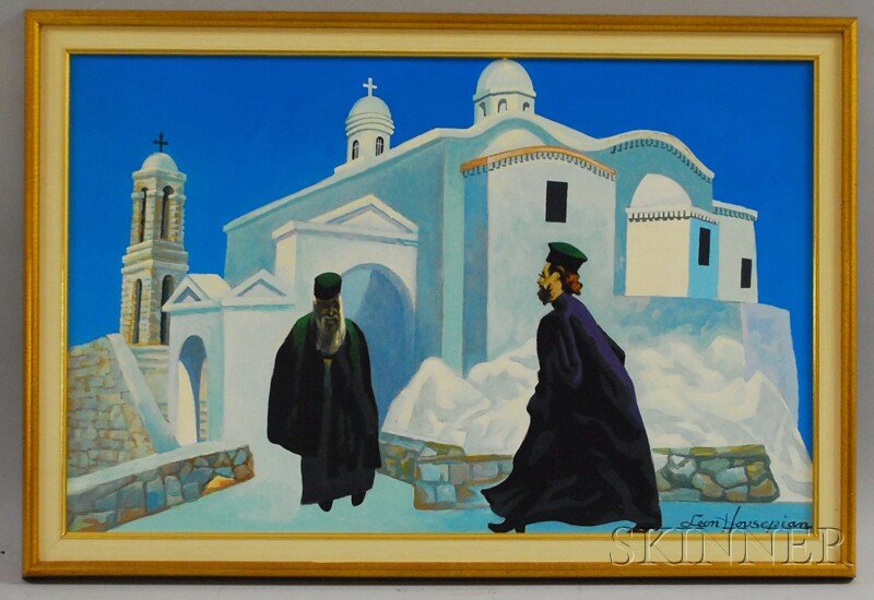 Leon Hovsepian (American, b. 1915) Priests Walking: Leon Hovsepian (American, b. 1915) Priests Walking Beside an Armenian Church. Signed "Leon Hovsepian" l.r. Oil on canvas, 18 x 28 in., framed. Condition: Very minor surface grime.