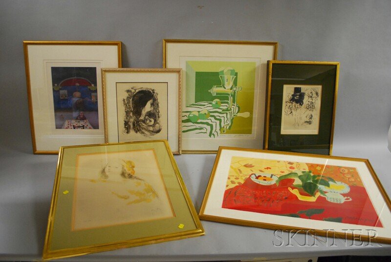 Six Works: Jack Levine (American, 1915-2010), Nanno: Six Works: Jack Levine (American, 1915-2010), Nanno/Mosca, signed and numbered "J. Levine 95/100" l.r., titled in the plate, etching; Marcel Vertes (American/Hungarian, 1895-1961), Portrait of a Woman