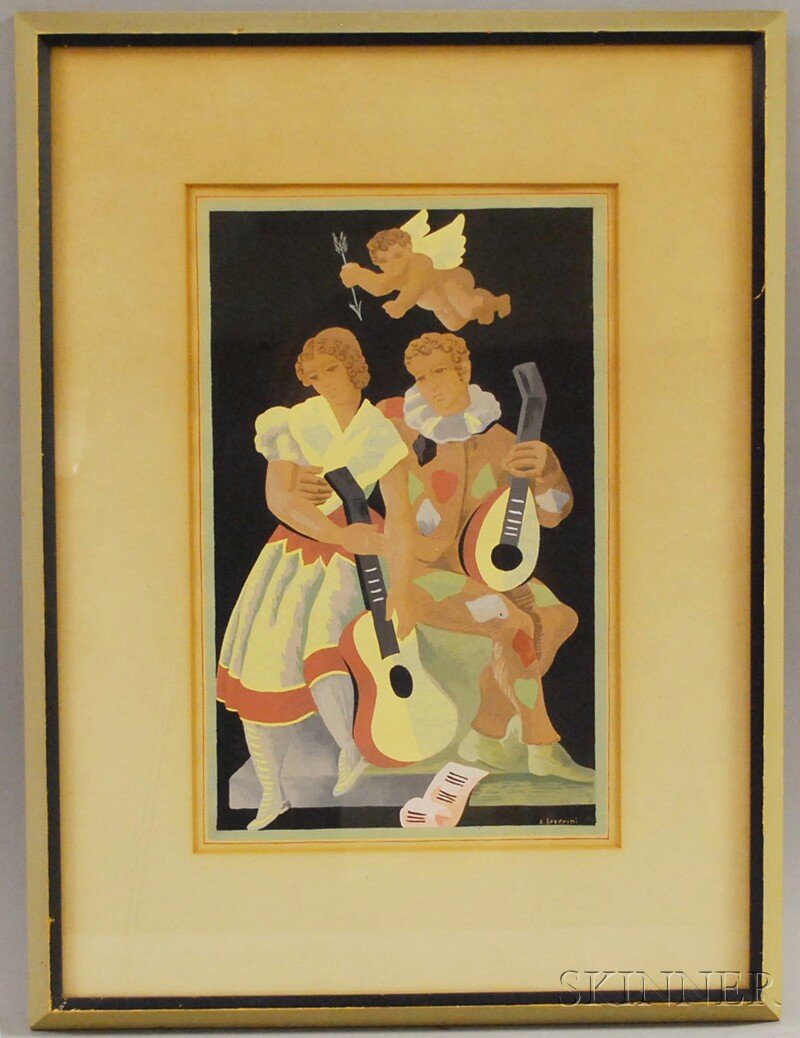 After Gino Severini (Italian/French, 1883-1966) The: After Gino Severini (Italian/French, 1883-1966) The Harlequin Couple with Cupid. Inscribed "G. Severini" l.r. Pochoir, sight size 13 x 8 1/2 in., framed. Condition: Mat burn, not examined out of fra