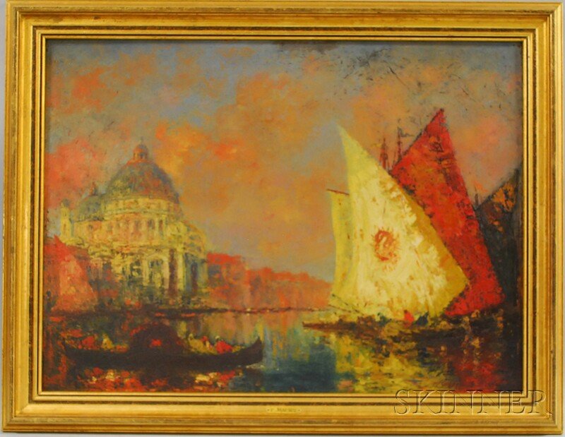 François Maury (French, 1861-1933) View of the San: François Maury (French, 1861-1933) View of the Santa Maria della Salute, Venice. Signed "F.M..." l.r., identified on a presentation plaque. Oil on panel, 19 x 26 in., framed. Condition: Tack holes t
