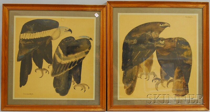 Lucien Georges Guyot (French, 20th Century) Pair o: Lucien Georges Guyot (French, 20th Century) Pair of Watercolors of Raptors. Signed "Lucien G(eorges) Guyot" l.l. or u.r. Sizes to 17 1/2 x 17 1/2 in., framed. Condition: Staining.
