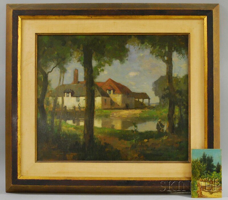 Two Landscapes: Matthew Adam (Scottish, fl. 1904-1: Two Landscapes: Matthew Adam (Scottish, fl. 1904-1922), A Scottish Angler, signed "Matthew Adam." l.l., oil on canvas, 20 x 24 in., framed; and Continental School, 19th/20th Century, Malasana Landscap