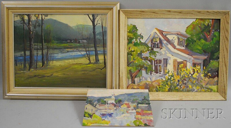 Three Works: Roger William Curtis (American, 1910-: Three Works: Roger William Curtis (American, 1910-2000), Along the River in Early Spring, signed "Roger Curtis" l.r., oil on canvas; and Sharon Carson (American, 20th/21st Century), Summer Sun