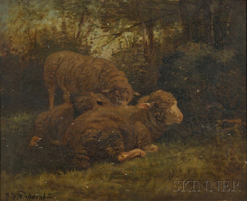Nellie Pairpoint (American, ac. 1897-1914) Sheep R: Nellie Pairpoint (American, ac. 1897-1914) Sheep Resting. Signed "N.M. Pairpoint" l.l. Oil on canvas, 13 x 16 in., framed in a liner. Condition: Craquelure fluoresces, stable craquelure, surface gri
