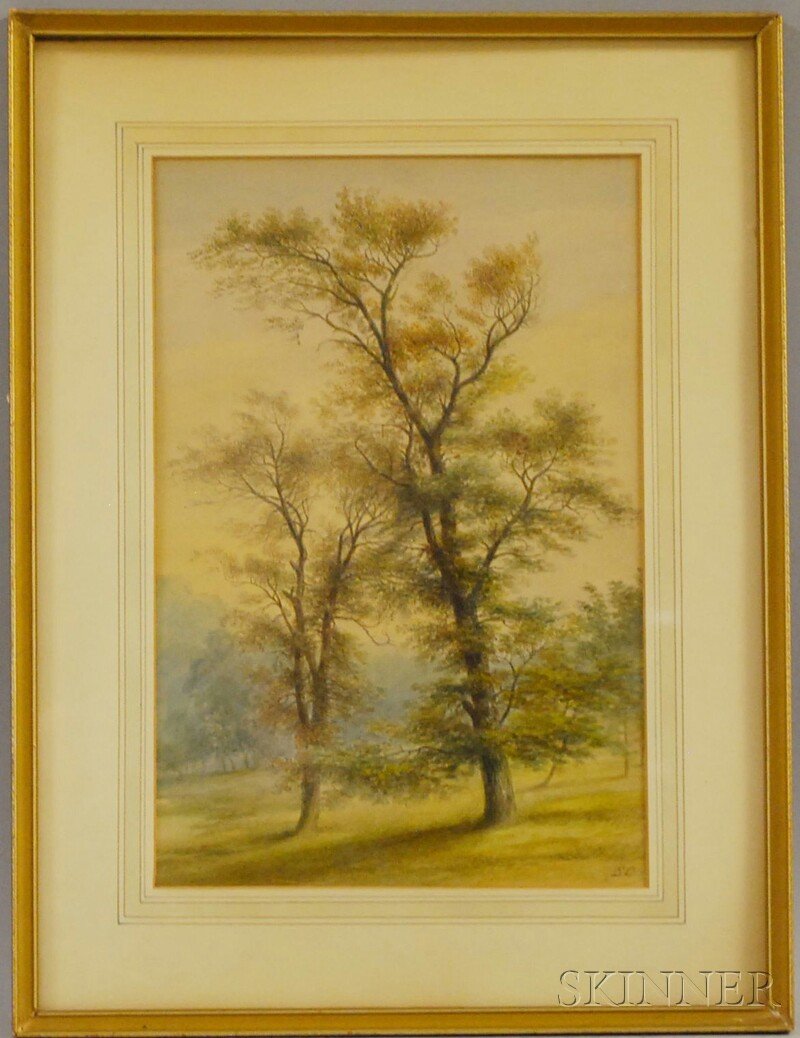 British School, 19th/20th Century Oaks. Initialed: British School, 19th/20th Century Oaks. Initialed "SC" l.r. Watercolor and graphite on paper, 13 3/4 x 9 in., framed. Condition: Taped to window mat, mat burn, toning.