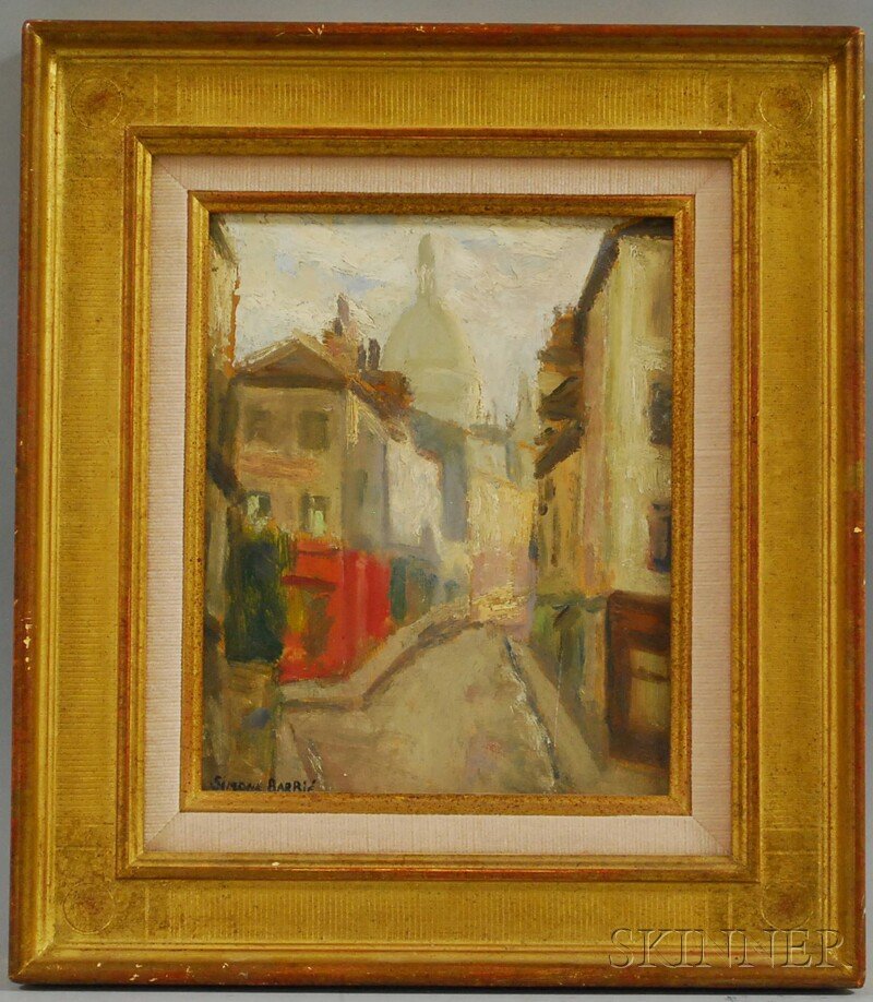 Simone Barbie (French, fl. 1938-1939) Street in Mo: Simone Barbie (French, fl. 1938-1939) Street in Montmartre. Signed "Simone Barbie" l.l. Oil on board, 10 3/4 x 8 3/4 in., framed. Condition: Minor surface grime.