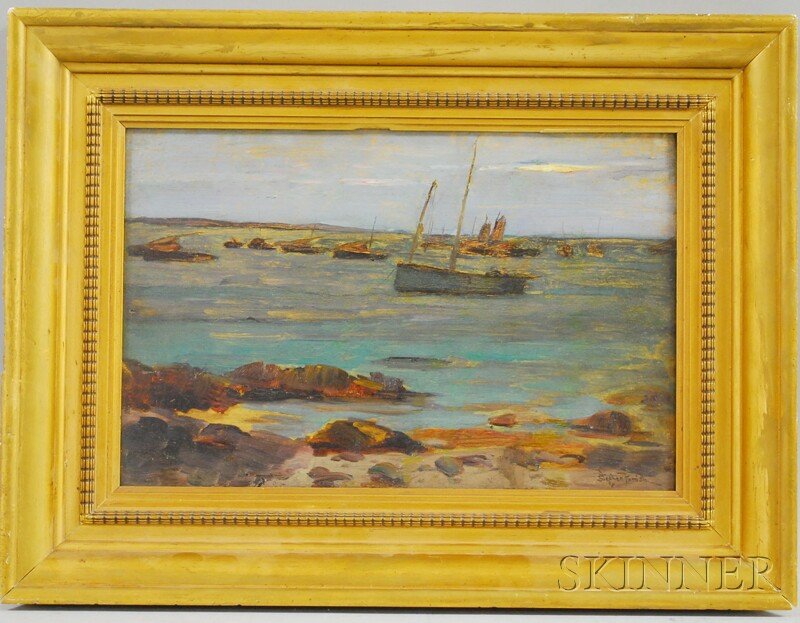 Stephen Maxfield Parrish (American, 1846-1938) Boa: Stephen Maxfield Parrish (American, 1846-1938) Boats in a Cove. Signed "Stephen Parrish" l.l. Oil on artist board, 10 1/2 x 16 in., framed. Condition: Surface grime, surface imperfection l.c.
