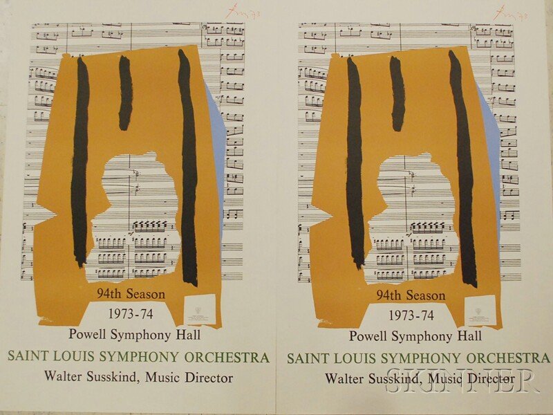 Robert Motherwell (American, 1915-1991) Two Impres: Robert Motherwell (American, 1915-1991) Two Impressions of 94th Season 1973-1974 Powell Symphony Hall Saint Louis Symphony Orchestra..., 1973. Identified in the matrix. Color lithographic po