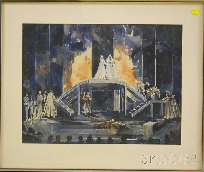 Carolyn Leslie Ross (American, b. 1944) Rendering: Carolyn Leslie Ross (American, b. 1944) Rendering for Hamlet, 1969. Signed "Carolyn L. Ross" and stamped "United Scenic..." l.r., inscribed on the reverse. Watercolor and gouache on paper, sight si