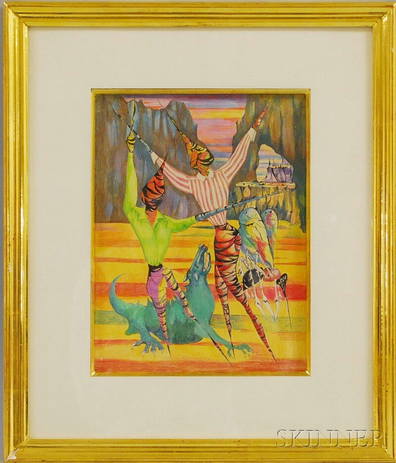 Leon Kelly (French/American, 1901-1982) Set Design: Leon Kelly (French/American, 1901-1982) Set Design/Mythical World with Dragon. Unsigned. Mixed media on paper, sight size 11 1/2 x 8 3/4 in., framed. Condition: Not examined out of frame.