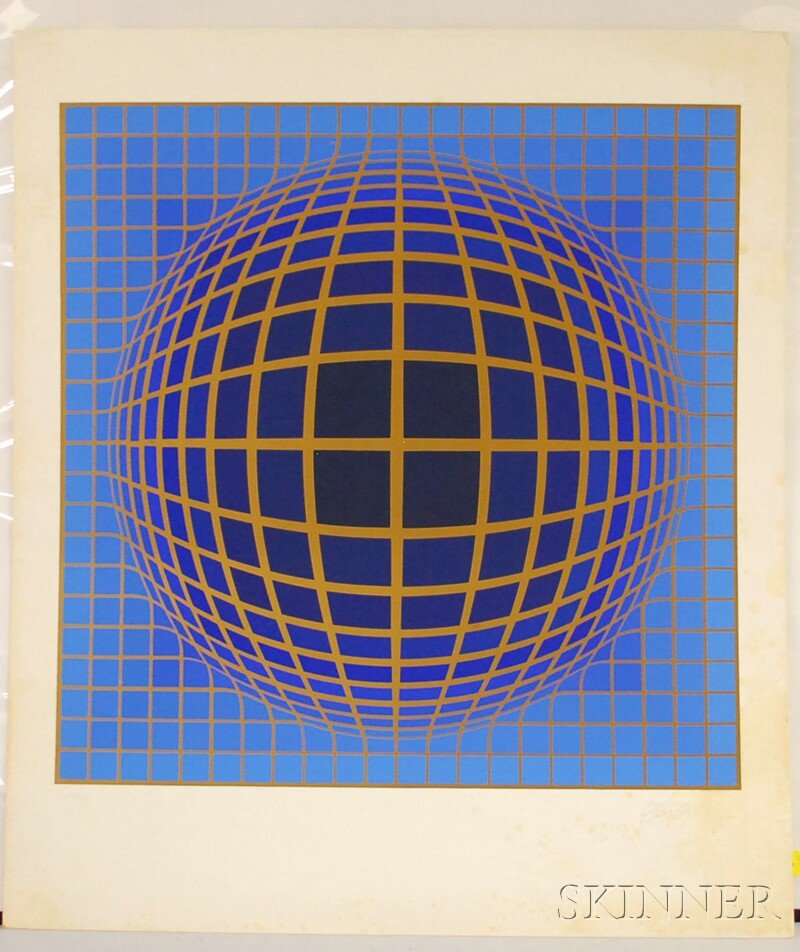 Victor Vasarely (French/Hungarian, 1906-1997) Unti: Victor Vasarely (French/Hungarian, 1906-1997) Untitled (Sphere in Blue and Gold). Signed "Vasarely" l.r., numbered "EA XXII/L" l.l. Screenprint, sheet size 30 x 26 in., unframed. Condition: Foxing.