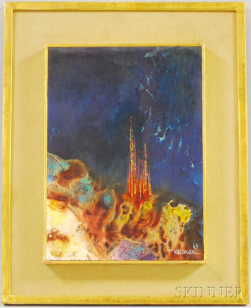 Leonardo M. Nierman (American, b. 1932) Golden Cas: Leonardo M. Nierman (American, b. 1932) Golden Castle. Signed and dated "nierman 63" l.r. Oil on Masonite, 12 3/8 x 9 in., framed. Condition: Fine craquelure, minor surface grime.