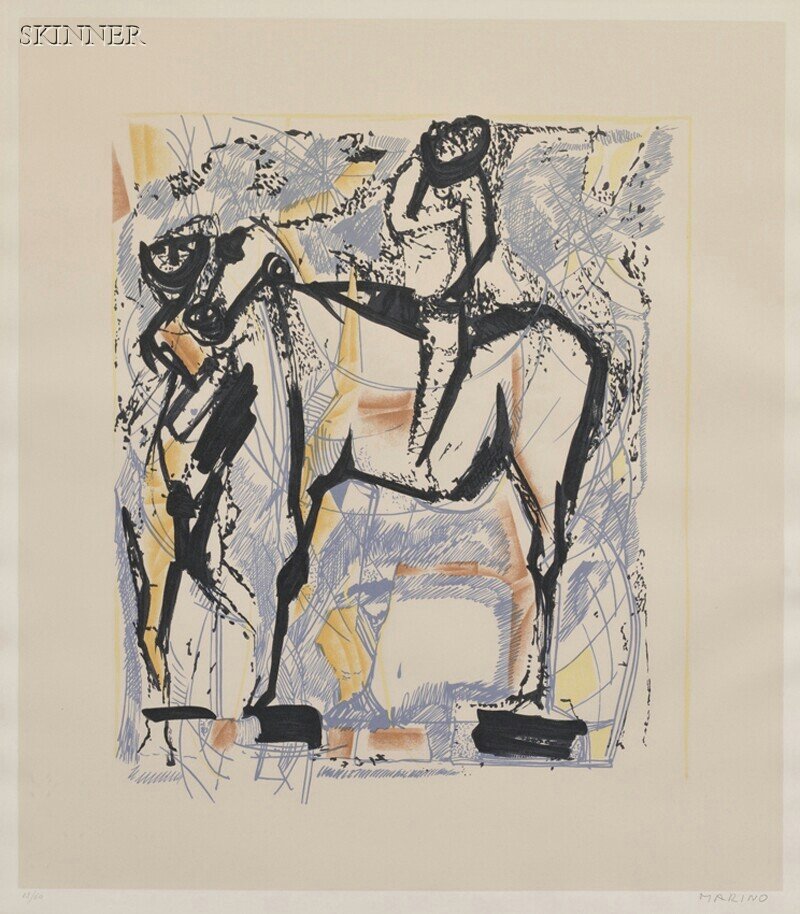 Attributed to Marino Marini (Italian, 1901-1980) H: Attributed to Marino Marini (Italian, 1901-1980) Horseman, edition of 60. Signed "MARINO" in pencil l.r., numbered "38/60" in pencil l.l. Color lithograph on paper, image size 24 1/2 x 21 5/8 in., fra
