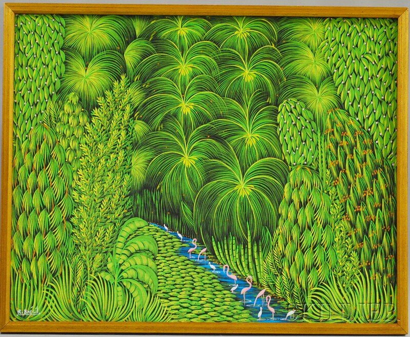 Henri Robert Bresil (Haitian, 1952-1999) The Jungl: Henri Robert Bresil (Haitian, 1952-1999) The Jungle with Flamingoes and Exotic Birds. Signed "HR. Brésil." l.l. Oil on canvasboard, 24 x 30 in., framed. Condition: Mild surface grime.