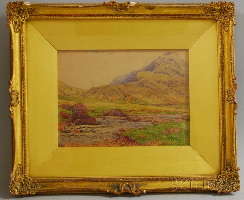 George Houston (British, 1869-1947) Along the High: George Houston (British, 1869-1947) Along the Highlands. Signed "George Houston" l.r. Watercolor on paper, sight size 7 1/2 x 10 in., framed by John Gibson, Glasgow. Condition: Possible toning, not