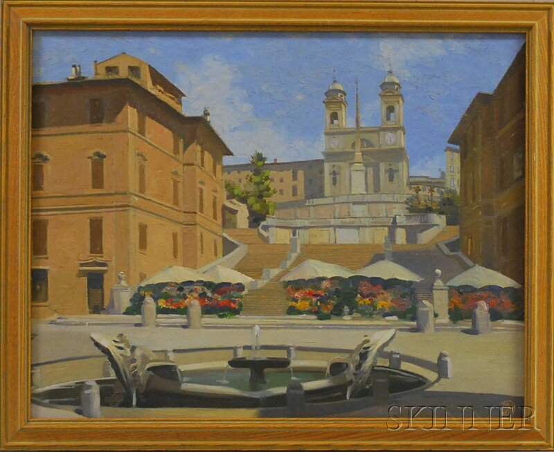 Continental School, 20th Century The Spanish Steps: Continental School, 20th Century The Spanish Steps, Rome. Signed with a cipher within a circle incised l.r. Oil on cradled board, 21 1/2 x 27 1/4 in, framed. Condition: Surface grime.
