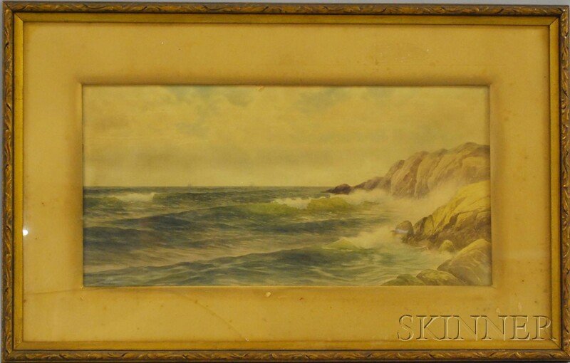 George Howell Gay (American, 1858-1931) Crashing W: George Howell Gay (American, 1858-1931) Crashing Waves Along a Rocky Coast. Signed l.r. Watercolor on paper, sight size 9 3/4 x 19 1/2 in., framed. Condition: Toning, grime, glass broken but no damage