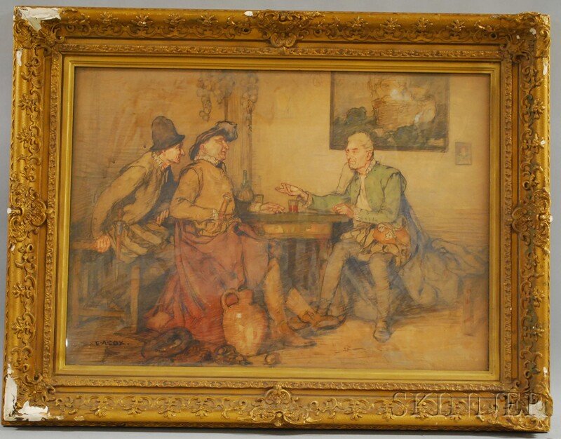 Elijah Albert Cox (British/American, 1876-1955) Il: Elijah Albert Cox (British/American, 1876-1955) Illustration/Odd Saying by Three Pilgrims. Signed "E.A. Cox" l.l., titled on the backing paper. Watercolor, gouache, and graphite on brown paper, sig