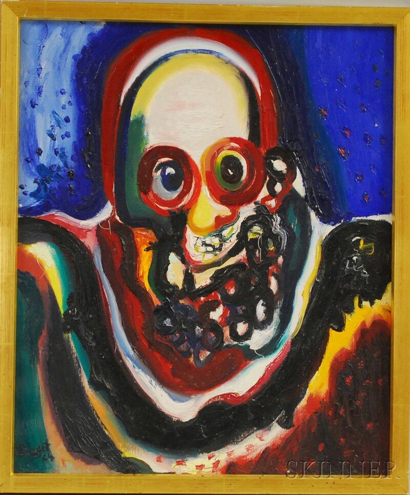 Marcel Pouget (French, 1923-1985) Docteur Faust, 1: Marcel Pouget (French, 1923-1985) Docteur Faust, 1964. Signed and dated l.l., identified in an inscription on the reverse. Oil on canvas, sight size 21 x 17 1/2 in., framed. Condition: Minor abra