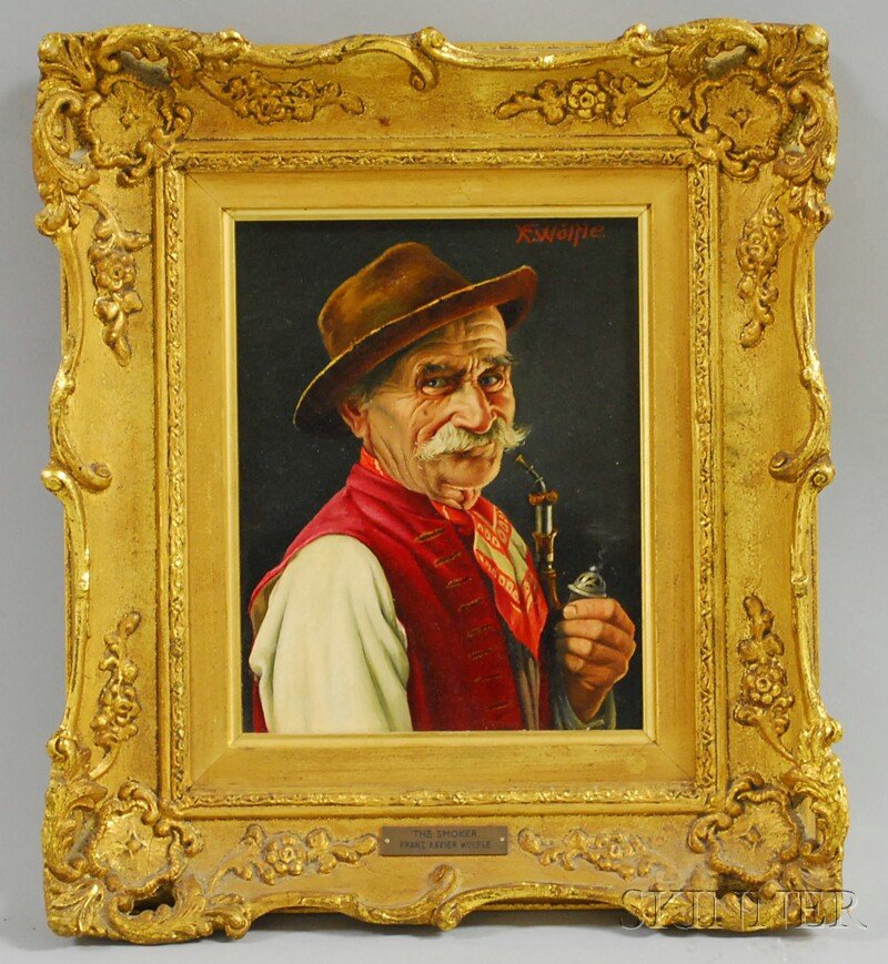 Franz Xavier Wolfle (German, 1887-1972) Portrait o: Franz Xavier Wolfle (German, 1887-1972) Portrait of a Man Smoking a Pipe. Signed "XF. Wolfle." u.r. Oil on tin, 7 1/8 x 5 1/2 in., framed. Condition: Minor surface grime.