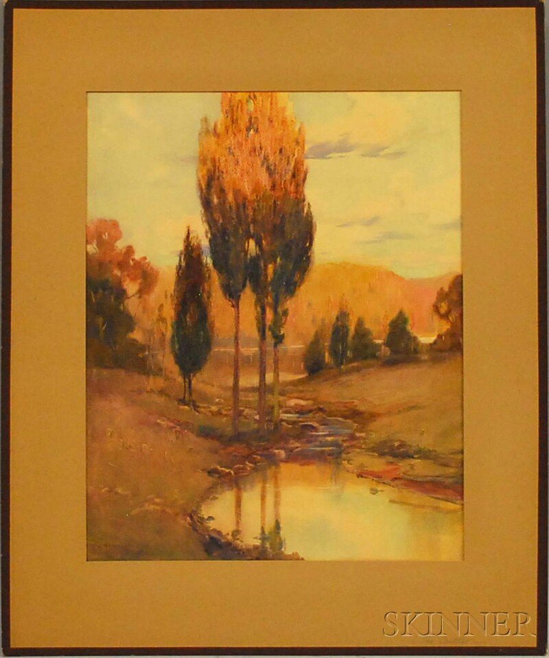 John Wesley Little (American, 1867-1923) The Outle: John Wesley Little (American, 1867-1923) The Outlet/Sunset over the Cypresses. Signed "J. Wesley Little" l.l., titled on the reverse. Gouache on paper, sight size 20 x 16 in., matted