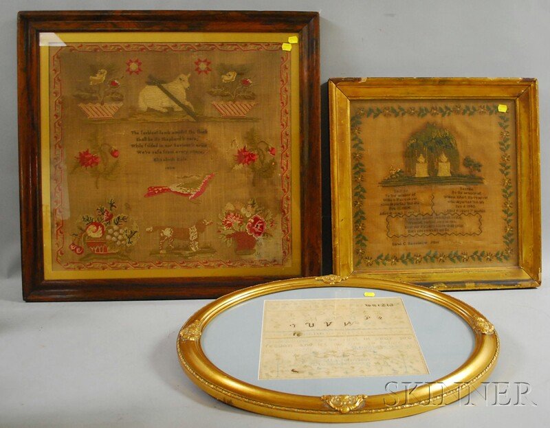 Three Framed 19th Century English Needlework Sampl: Three Framed 19th Century English Needlework Samplers, an 1834 Elizabeth Dale, sight size 20 1/2 x 21 1/2; a Rostta Johnson, North Middletown, sight size 11 x 10 3/4; and a c. 1840 Sarah Havemeyer mem