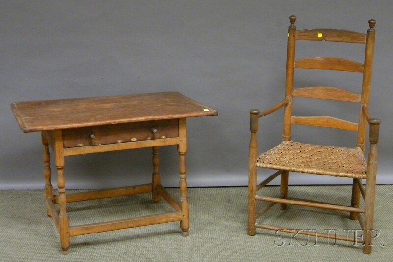 William & Mary Pine Breadboard-top Maple Stretcher: William & Mary Pine Breadboard-top Maple Stretcher-base Tavern Table with Drawer and a Slat-back Armchair with Splint Seat, (table with some rear feet ht. loss, drawer runners replaced and unstable, m