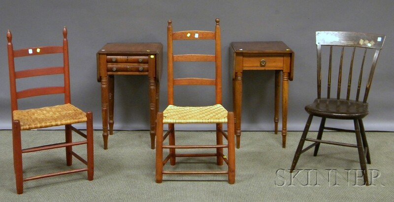 Two Walnut and Mahogany Drop-leaf Work Tables and: Two Walnut and Mahogany Drop-leaf Work Tables and Three Wood Side Chairs, a painted and stenciled rod-back, a red-painted slat-back, and a slat-back chair.